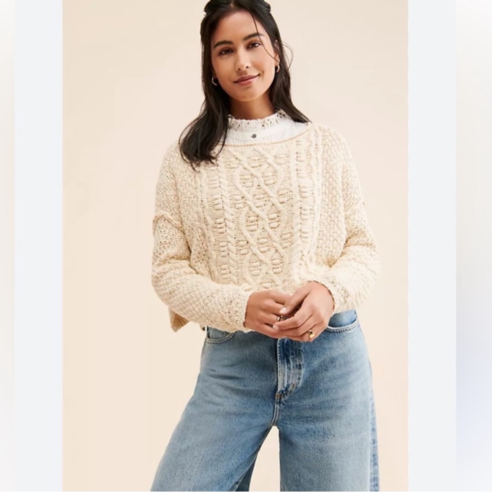 Free People Womens XS Sweater Beige Cable Knit Oversized Chunky Crop